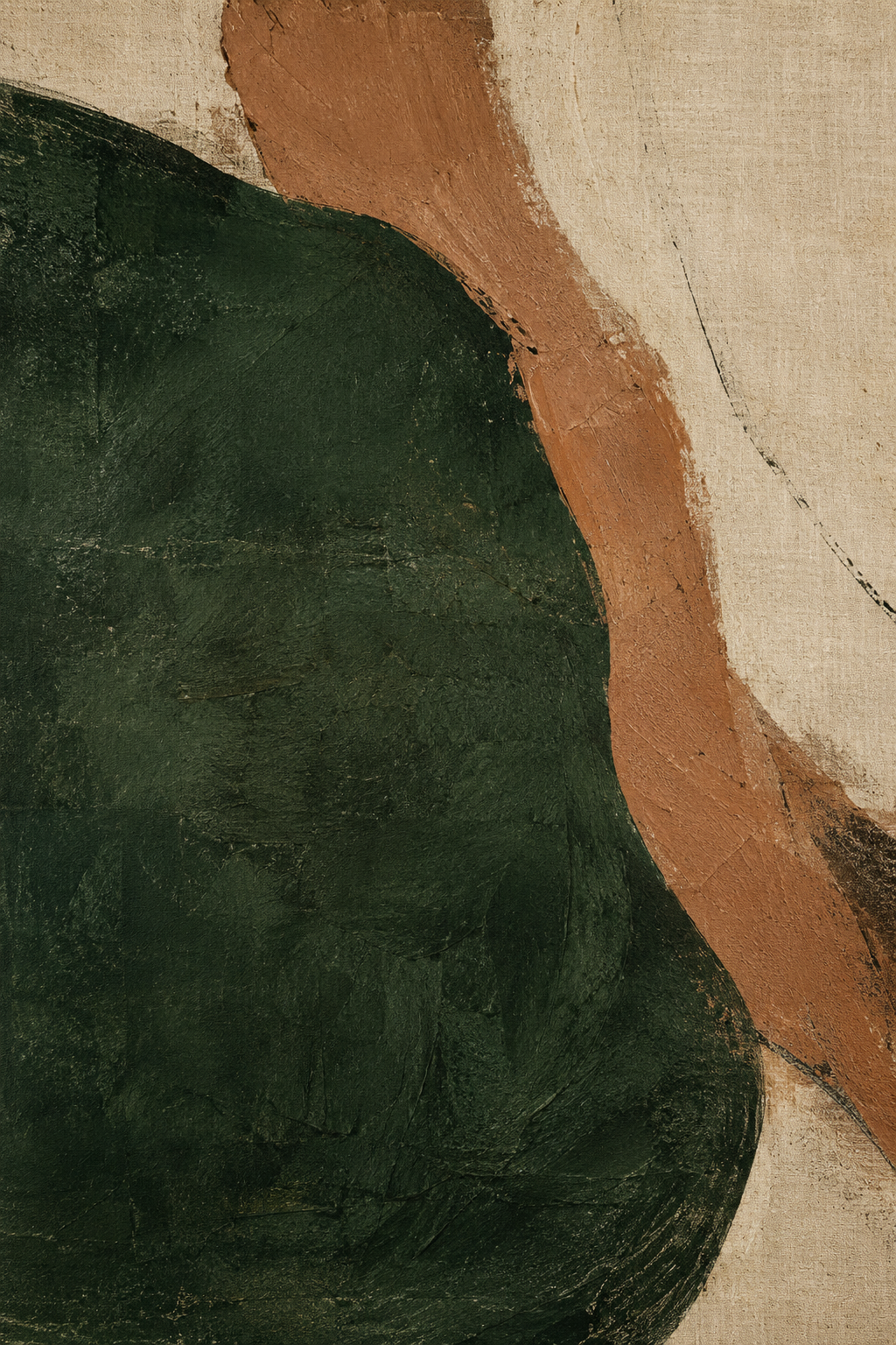 Abstract layered forms in forest green, clay and warm cream